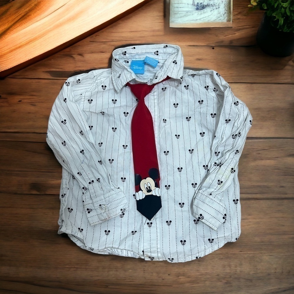 Mickey Mouse Button Down Shirt 2T W/ Neck Tie White Black Red Disney Toddler